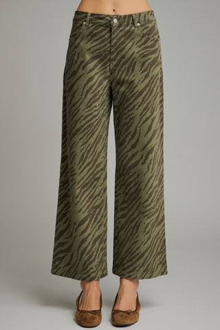 The Skylar Zebra Pants – olive zebra print wide leg pants