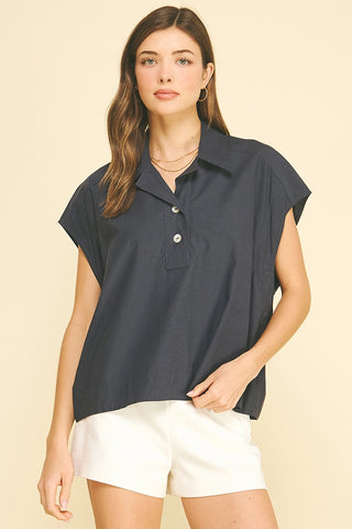 The Nora Top – charcoal collared henley top, button placket, cap sleeves