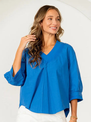 The Sydney Azure Top – cobalt blue V neck top, wide 3/4 sleeves, relaxed fit