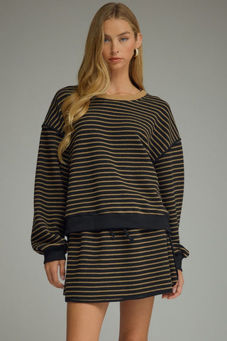 Betsy Mae Black & Tan Stripe Sweatshirt – black and tan stripe crew neck sweatshirt