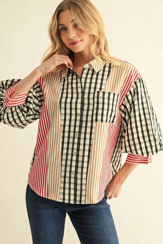 Aria Belle Mix Stripe Button Down Top – patchwork button-down mixing red stripes and black gingham with elbow sleeves