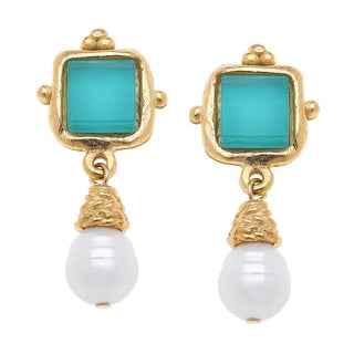 Charlotte Aqua Teal French Glass Pearl Drop Earrings