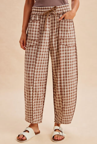 Callie Mocha Gingham Pants – mocha gingham barrel leg pants with a tie waist