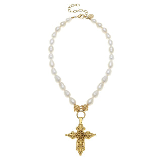 Handcast Gold Cross on Genuine Freshwater Baroque Pearls 3334C - The Pointe Boutique