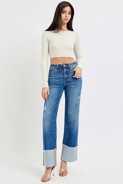 High Rise - Ankle Wide - Cuffed Jeans - The Pointe Boutique