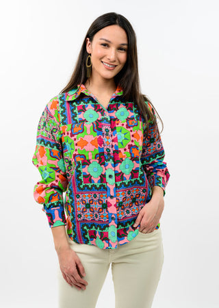 Rosalie Patch Print Top – bright multicolor patchwork print button-up shirt, long sleeves, collar