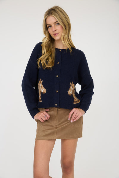 Horse Jacquard Long Sleeve Button Down Cardigan - The Pointe Boutique