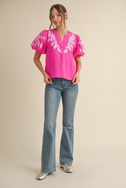 Hot Pink Emroidered Top with Leaf Design - The Pointe Boutique