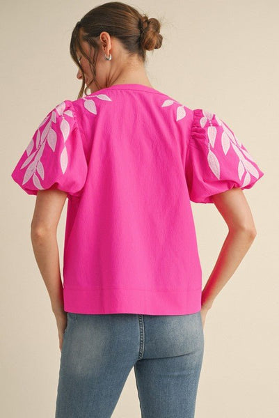 Hot Pink Emroidered Top with Leaf Design - The Pointe Boutique