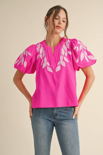 Hot Pink Emroidered Top with Leaf Design - The Pointe Boutique