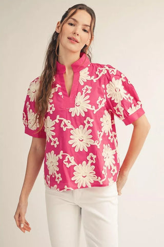 Hot Pink Puff Sleeves 3D Floral Top - The Pointe Boutique