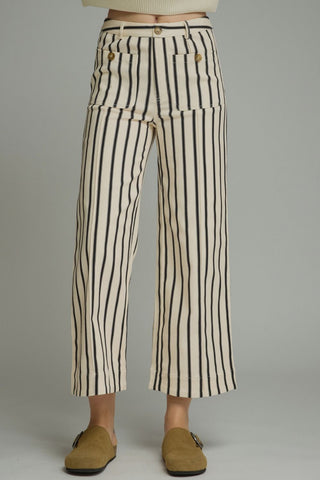 Amy Grace Olive Stripe Pants – cream wide leg pants with dark olive vertical stripes