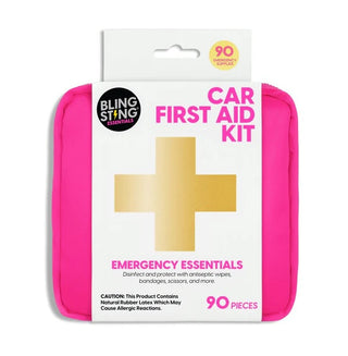 pink car first aid kit with supplies