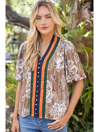 The Laney Brown Floral Top – brown and cream floral print top with green, orange and navy striped placket, short sleeves