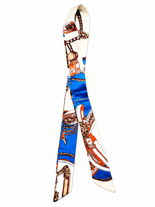 blue white and brown chain print skinny twilly scarf