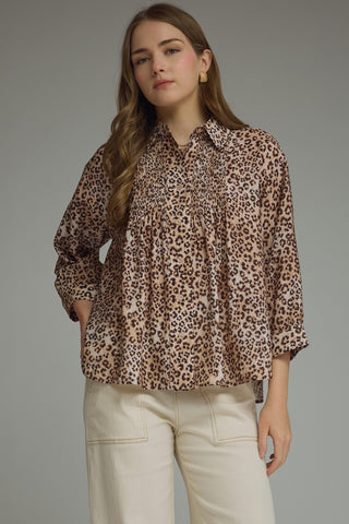 Ainsley Beth Top – leopard print collared babydoll top with three-quarter sleeves