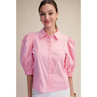 The Cassidy Top – pink collared button-up blouse, puff short sleeves