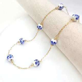 Indigo Flower Ceramic Porcelain Bead Station Necklace - The Pointe Boutique
