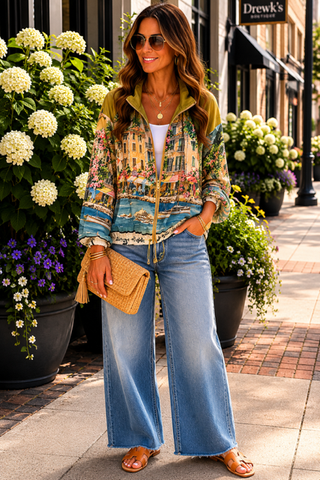 The Madeline Green Jacket – multicolor scenic print zip-up jacket top, long sleeves