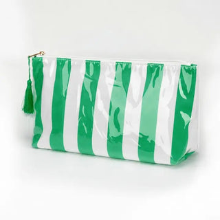 green and white striped cosmetic pouch