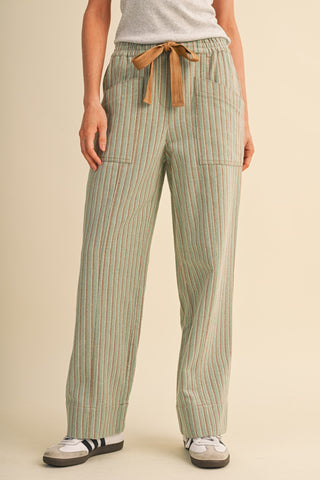 Annabelle Sage Stripe Pants – sage stripe wide leg pants with a tie waist