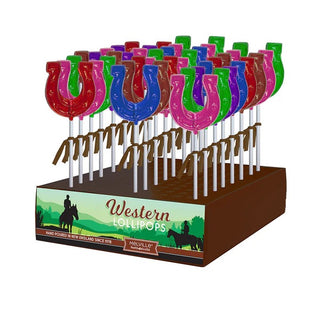 horseshoe shaped lollipops in a display