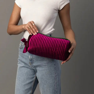 Fuchsia & Green Velvet Ribbed Travel Pouch
