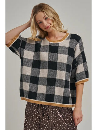 Oakley Checkered Gingham Sweater – black and cream gingham check knit sweater top, short sleeves, gold contrast trim