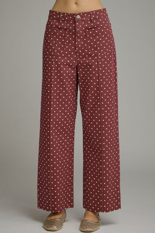 Ava Rose Polka Dot Burgundy Pants – burgundy polka dot wide leg pants