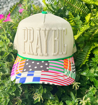 cream Pray Big trucker hat with flag brim