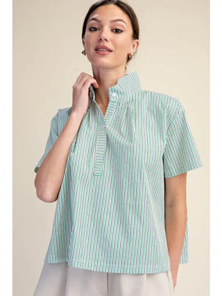 Aubree Kay Top – mint green and white stripe split-neck top with a stand collar and short sleeves