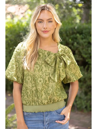 Amanda Ruth Front Bow Detail Floral Top – green floral print top with puff sleeves, a bow at the neck and a smocked hem