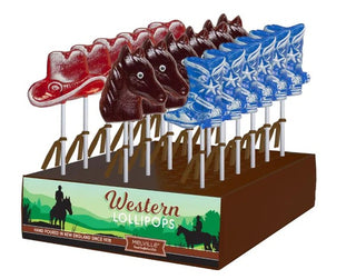 boot shaped western lollipops in a display