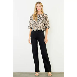 Maggie Animal Print Puff Sleeve Top – leopard print blouse, puff short sleeves, round neck, relaxed fit