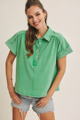 Kelly Green Mineral Washed Cotton Jersey Henley Top - The Pointe Boutique