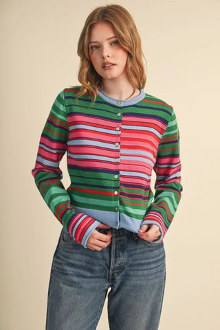 Amelia Faye Cardigan – multicolor striped button-front cardigan in green, pink, purple and blue