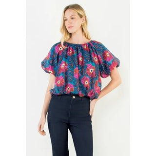 Navy Floral Cinched Top – pink and blue floral print blouse, gathered round neck, puff short sleeves
