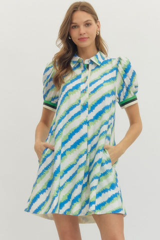 The Emery Dress – blue and green diagonal stripe collared shirt dress with short sleeves