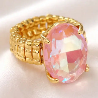 Pink AB Oval Shape Glass Cocktail Cut Stretched Ring
