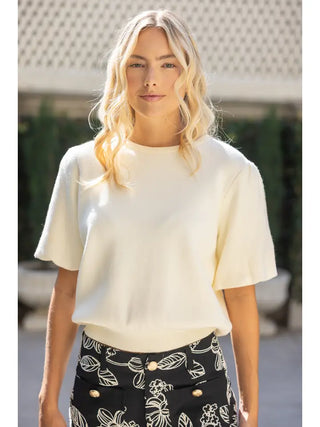 The Waverly Cream Bubble Sleeve Top – cream knit top, crew neck, short sleeves