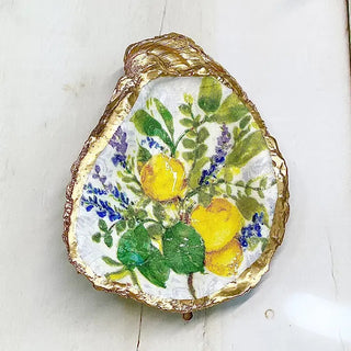 oyster shell trinket dish with lemons and lavender and gold edge