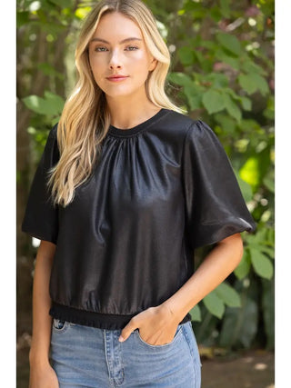 Amy June Ribbed Knit Faux Leather Top – black faux leather top with short puff sleeves and a ribbed knit hem