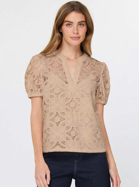 Lace V - neck Short Sleeve Blouse Taupe - The Pointe Boutique