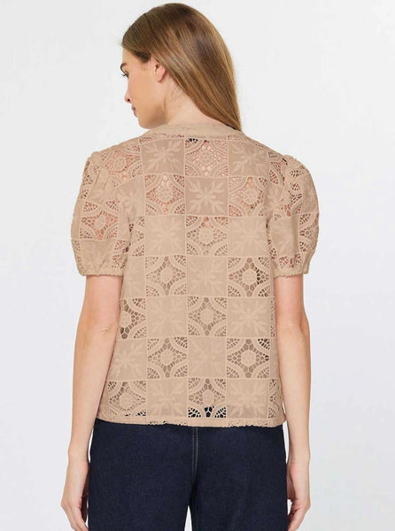 Lace V - neck Short Sleeve Blouse Taupe - The Pointe Boutique