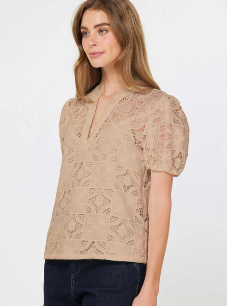 Lace V - neck Short Sleeve Blouse Taupe - The Pointe Boutique