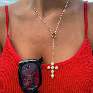 Lariat Pearl Cross Necklace - The Pointe Boutique