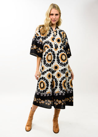 Bethany Paige Tiered Maxi Border Print Dress – black and cream tiered maxi dress with a medallion border print