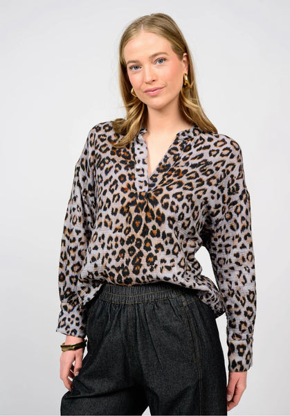 Leopard Gauze Popover, Grey - The Pointe Boutique