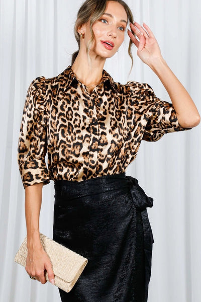 Leopard - Print Collared Puff Sleeve Satin Blouse - The Pointe Boutique