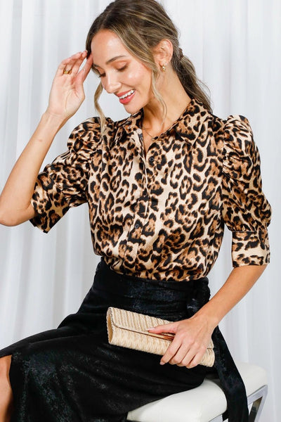 Leopard - Print Collared Puff Sleeve Satin Blouse - The Pointe Boutique